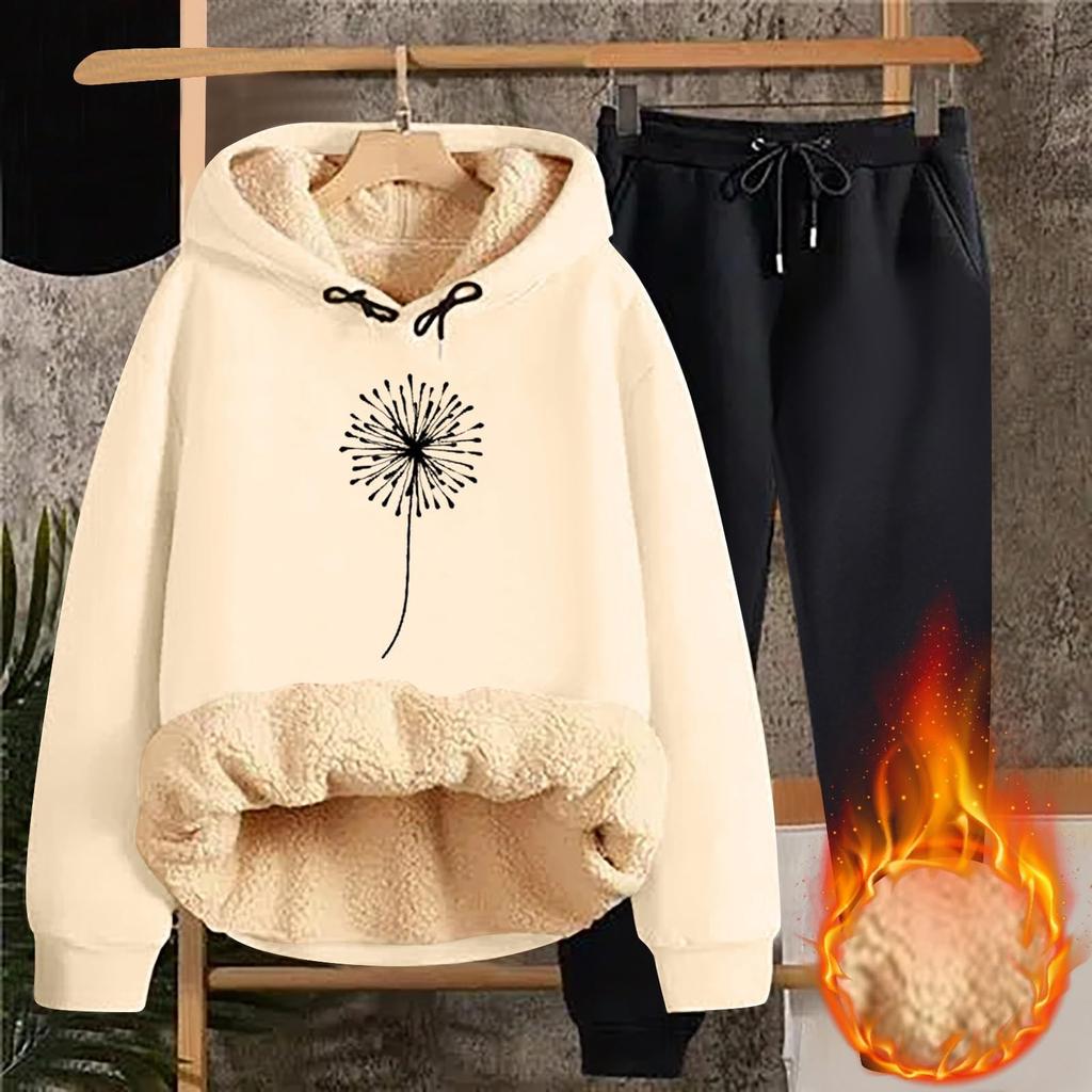 Women's Fashion Printed Padded Thickened Hooded Sweatshirt Casual Two Piece Set