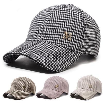 Damen Baseballkappe im Hahnentrittmuster: Wollig, Strass-Akzente, Retro-Künstlerischer Stil, Vielseitig für Herbst/Winter.