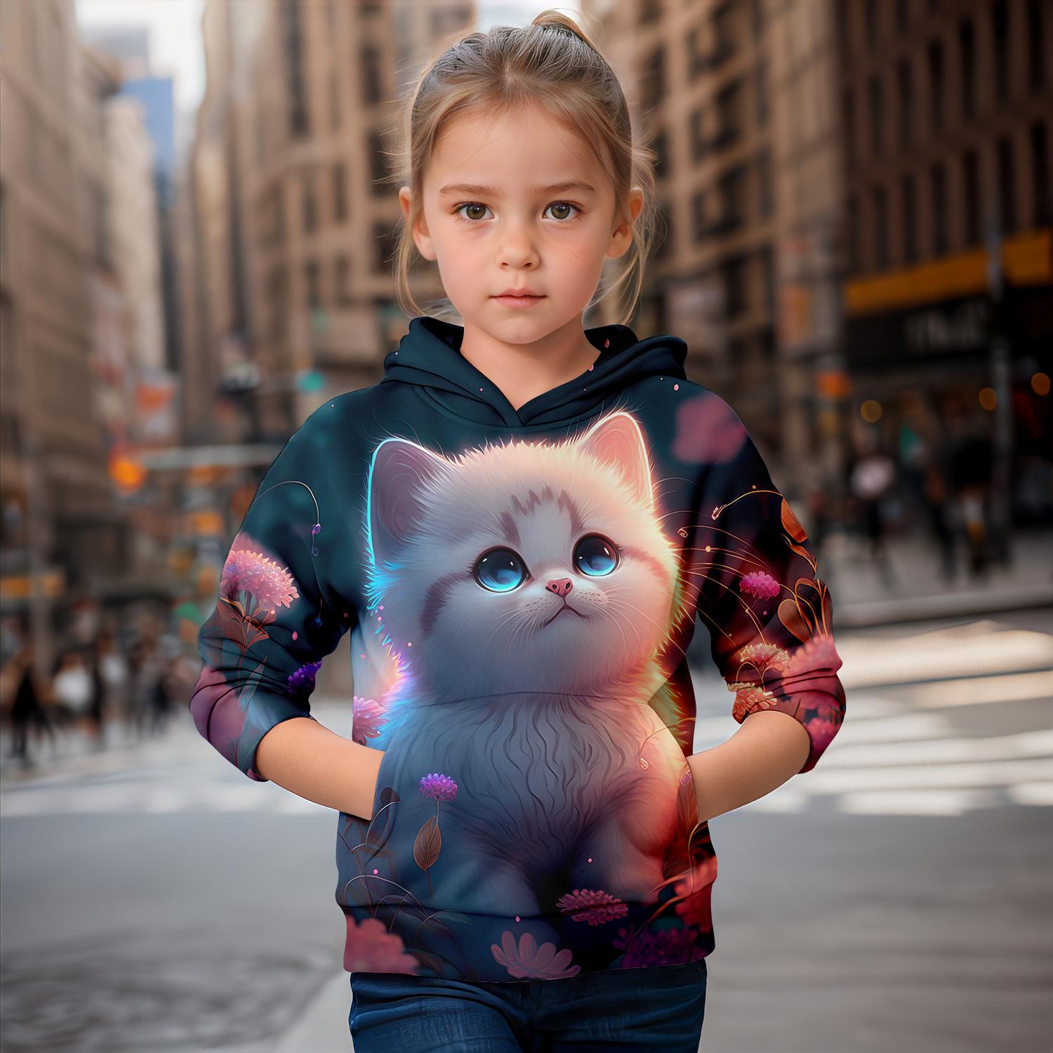 

Одежда для девочек Толстовки с длинным рукавом с рисунком 3D-котов Милая толстовка для девочек Топы Повседневный свитер Весна Осень Детская одежда 140CM