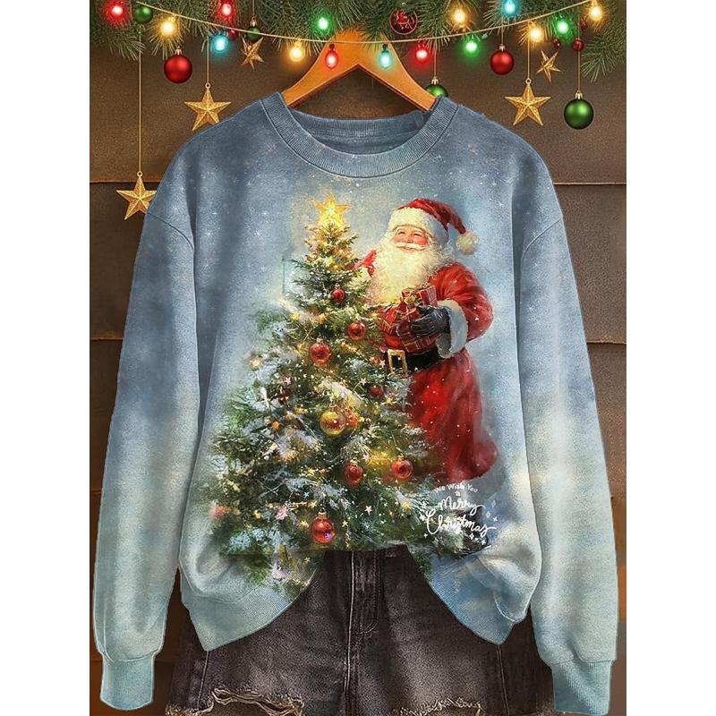 Pull de Noël pour femmes Graphique Père Noël Chaud Classique Décontracté Manches Longues Col Ras du Cou Coupe Régulière Hauts