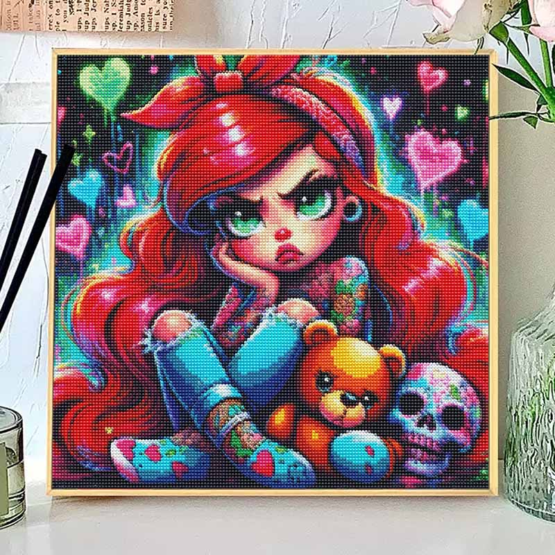 Y2K Sweet and Cool Redhaired Hottie with Diamond Painting Full of Diamonds Love Background Bear Skull Graffiti Girl DIYDot Diamond Decorative Painting Round 20x20cm