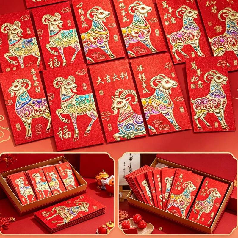 Year of the Goat Lucky Red Envelopes 6Pcs Premium Matte Paper Hongbao for Spring Festival Holiday Gift Giving Events