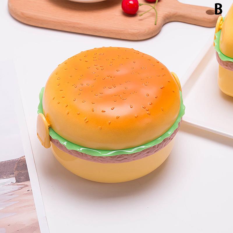 

Hamburger Lunch Box Double Tier Cute Burger Bento Box Microwave Children School Food Container Fork Tableware Set B