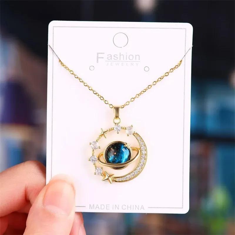 Mode Luxus Inlaid Zirkon Planet Mond Anhänger Halskette für Damen Mädchen Schmetterling Wassertropfen Schlüsselbein Kette Charm Schmuck
