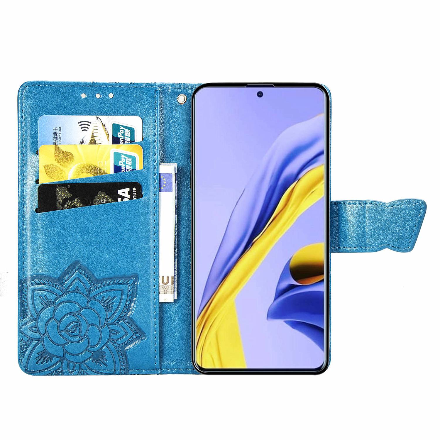 

For Samsung Galaxy A51 4G SM-A515 Imprinted Butterfly Pattern Anti-scratch Phone Case PU Leather Stand Wallet Cover with Strap Blue