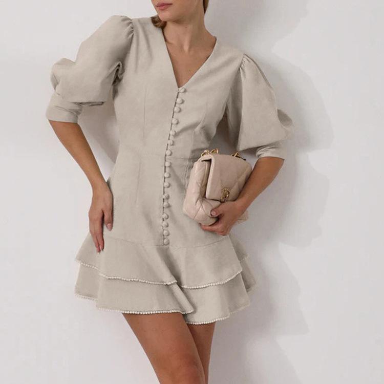 Women's cotton and linen V-neck lantern sleeve dress, new single-breasted layered design lace a-word skirt