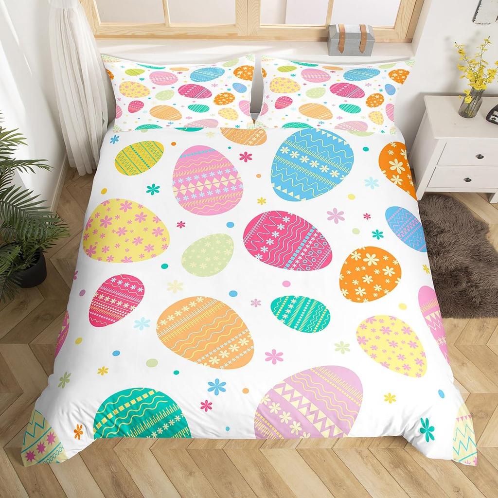 Easter Eggs Duvet Cover Boys Girls Cartoon Colorful Egg Theme Bedding Set Happy Easter Comforter Cover Floral Flower Quilt Cover