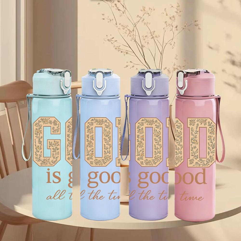 1PC God Is Good Quote 750ml Color Plastic Sports Water Bottle Leakproof Flip Straw Lid Suitable for Sports Office Home Use