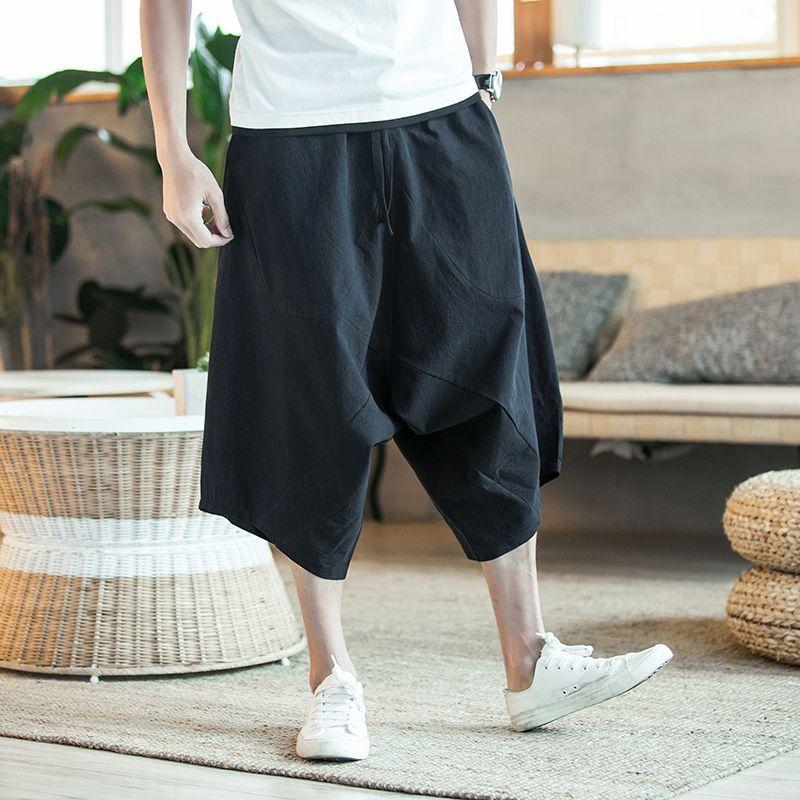 Men Harajuku Harem Pants Mens Summer Cotton Linen Joggers Pants Male Vintage Chinese Style Soild Color Calf-lenght Trousers