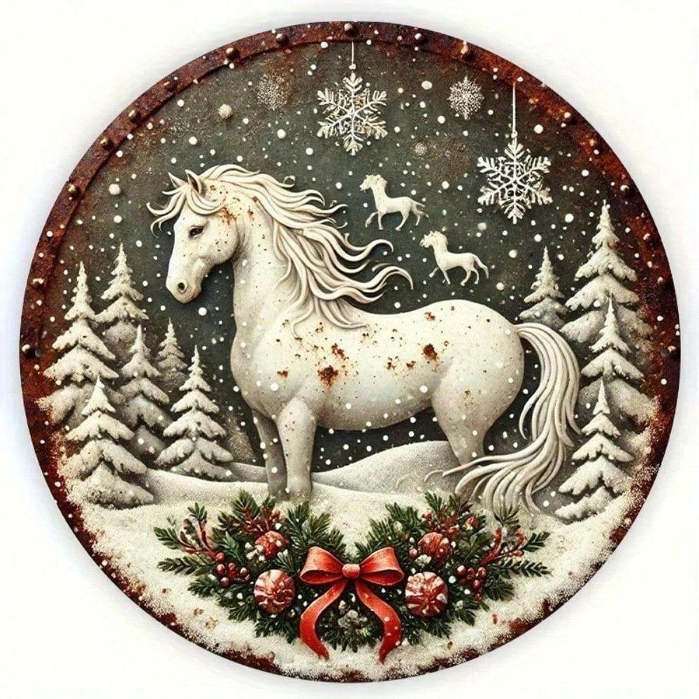 Vintage White Horse Metal Round Sign Christmas Wreath Wall Art Farmhouse Home Office Decor