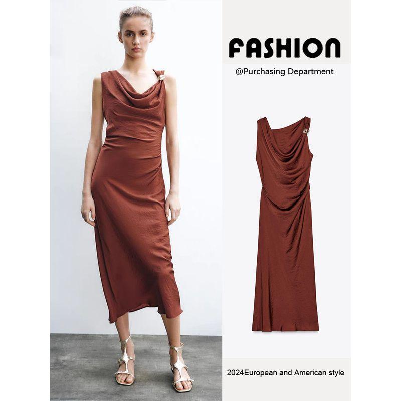 Za2025 Summer New Product Women's Clothes Elegant Gold Inlaid Draped Collar Midi Skirt Dress 5029070 700