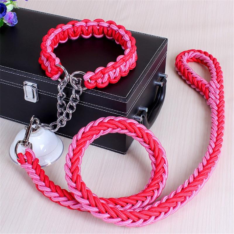1.2M 17 Colors Length Double Strand Rope Large Dog Leashes Metal P Chain Buckle National Color Pet Traction Rope Collar Set A 14