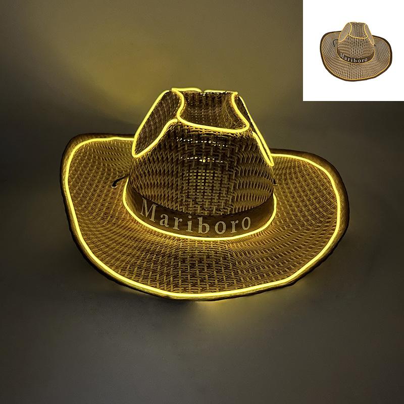 LED Luminous Cowboy Hat - Western Style for Men & Women, Large Brim Straw Sun Hat for Summer and Outdoor Performances