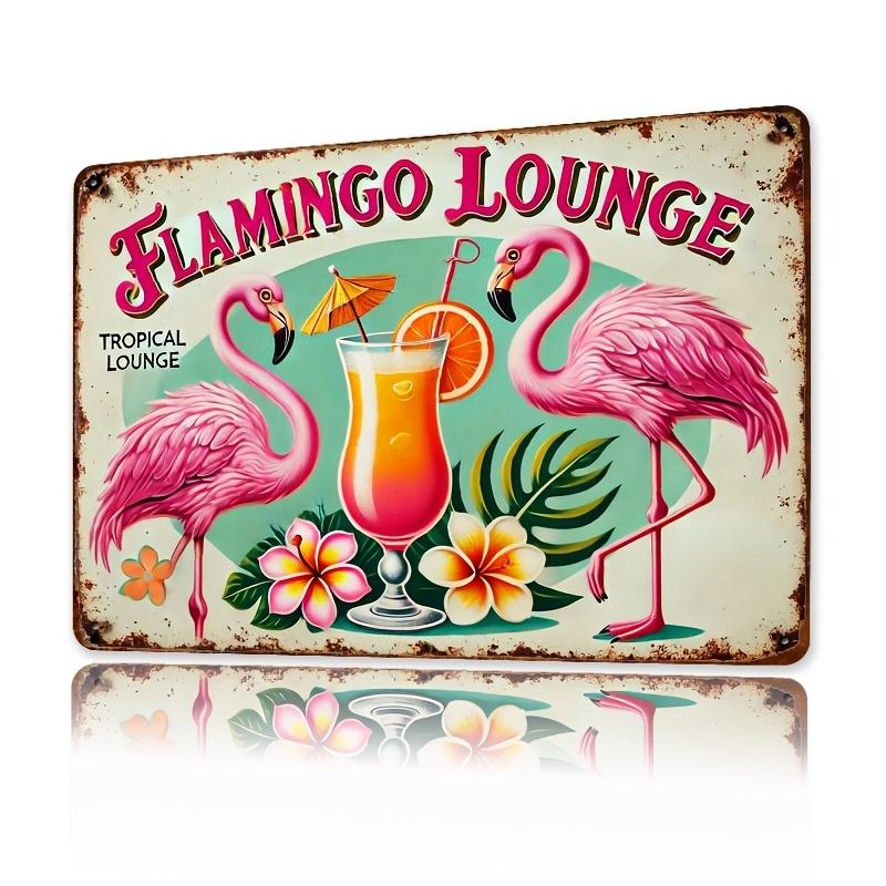 Vintage Flamingo Lounge Metal Wall Art Tropical Elegance Printed Iron Sign Retro Pink Tiki Bar Design with P