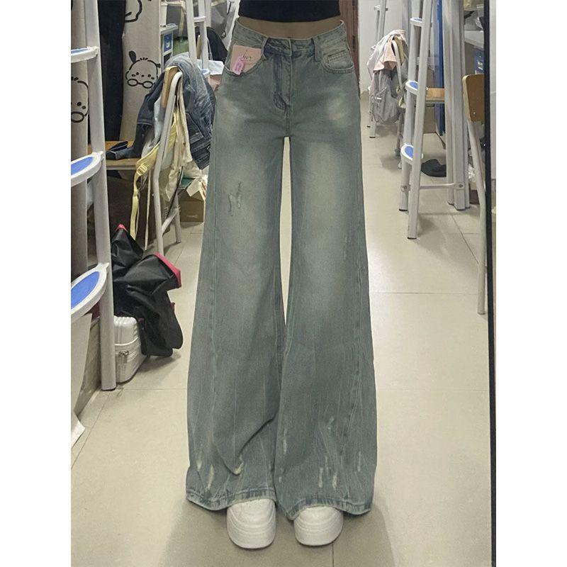 

Women s Petite Retro Ripped Wide-Leg Jeans - Casual, Slimming, Floor-Length Straight Pants Small