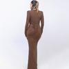 Long Sleeve Ruched Sexy Maxi Dress For Women Gown Fashion Skew Collar Draped Thigh High Split Club Long Dress