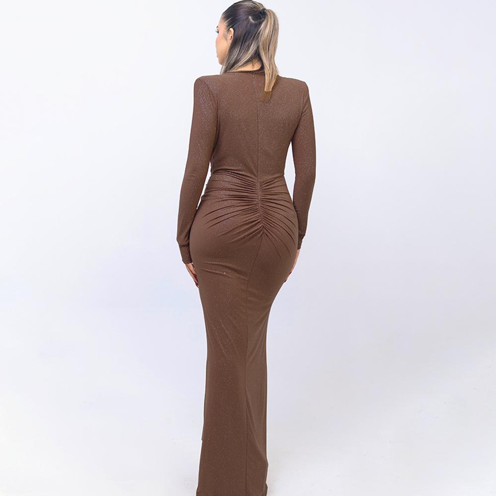 Long Sleeve Ruched Sexy Maxi Dress For Women Gown Fashion Skew Collar Draped Thigh High Split Club Long Dress