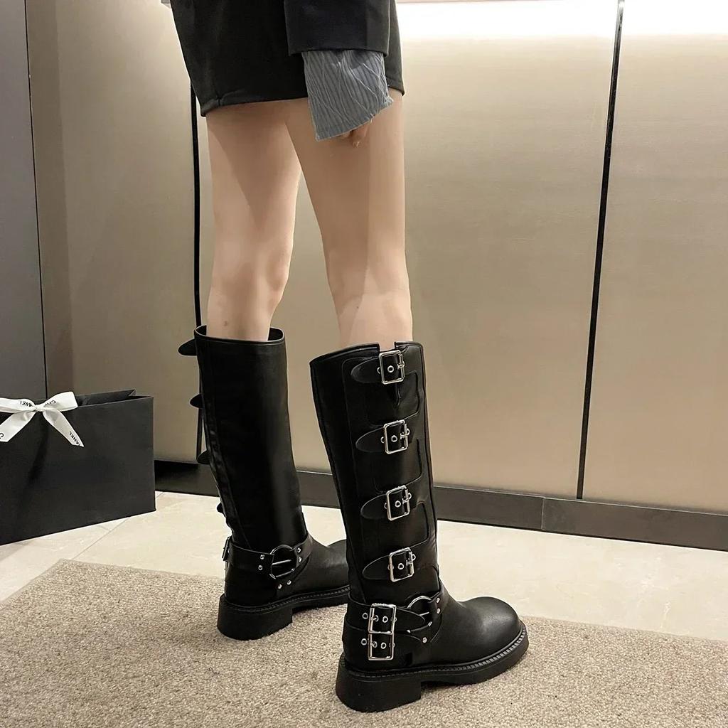 Woman Boots Knee High Platform Elegant Low Heel Trend Punk Gothic New Rock Leather Fashion Women'S Shoes Motorcycle Footwear
