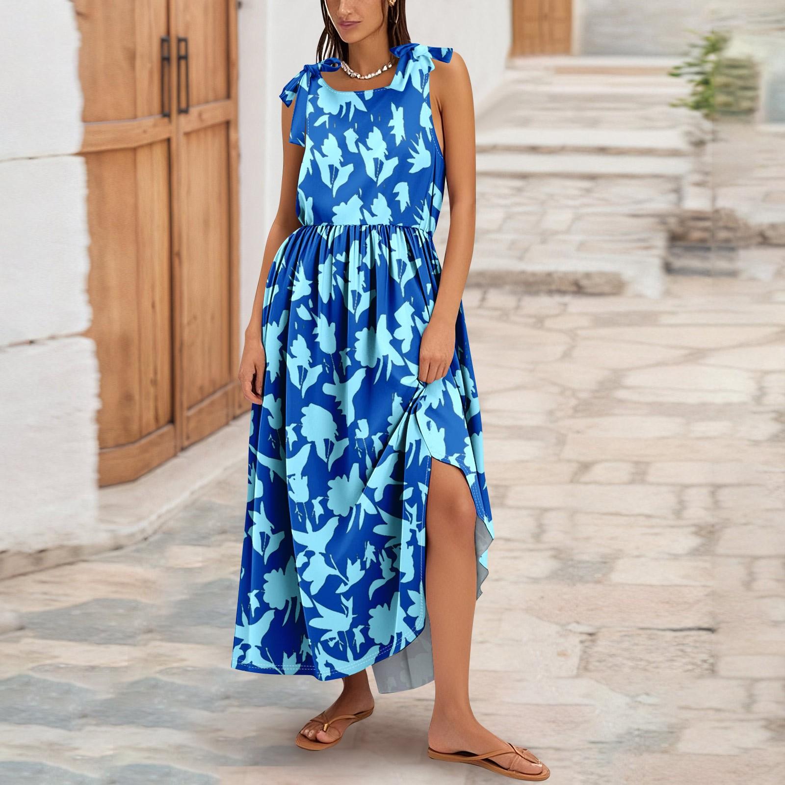 

Женское летнее модное платье-майка А-силуэта без рукавов повседневное платье с цветочным принтом/однотонными карманами XL небесно-голубой