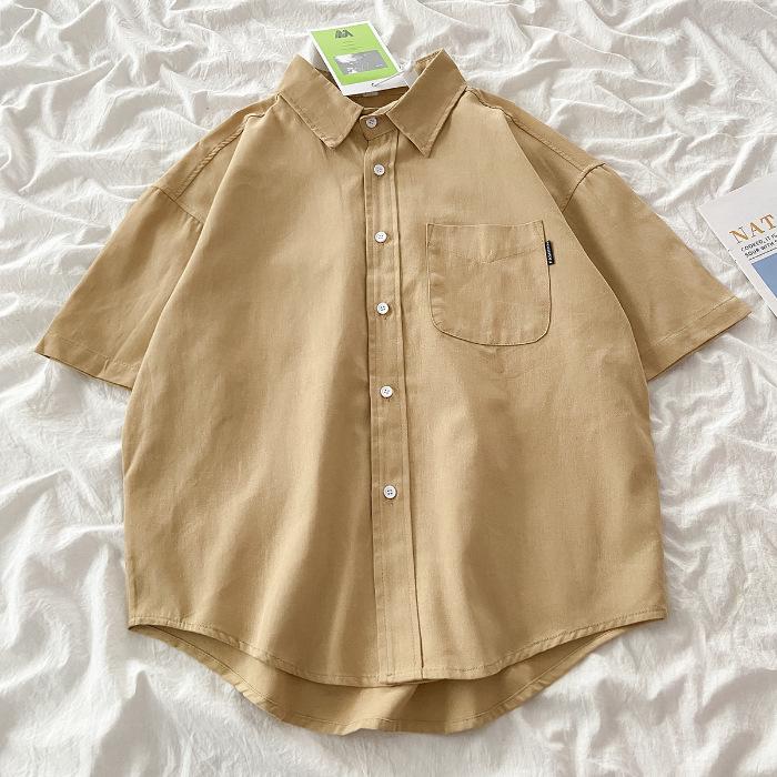 

Женская свободная белая хлопковая рубашка с коротким рукавом в японском стиле - Весна/Лето/Осень Small хаки