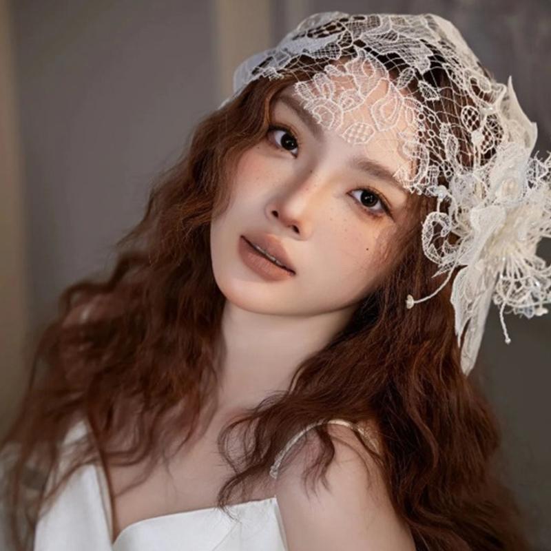 Bride Caps with Flower Pearls for Girls Balletcore 3D Flower for Pageant Prom Princess Hair Accessories Stage Props