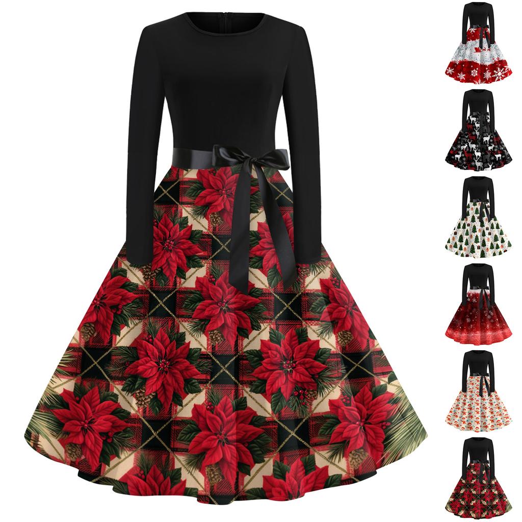 Women's Vintage Christmas Print Long Sleeve Round Neck Evening Party Dress for Holiday Events