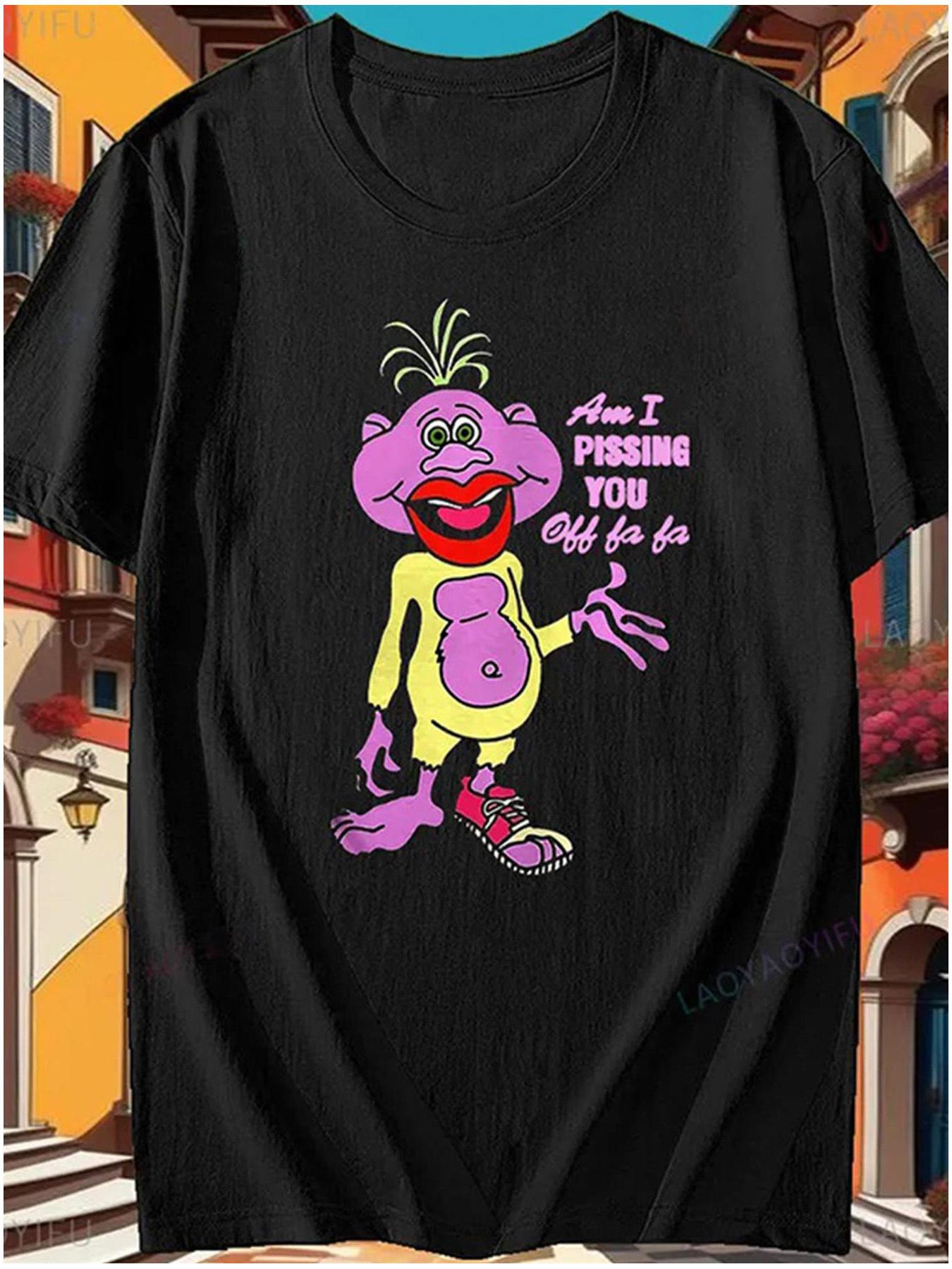 

Men s Fun Cartoon T-shirt with Words Are You Angry with Me Featuring a Humorous Green Cartoon Character with Pink Hair S
