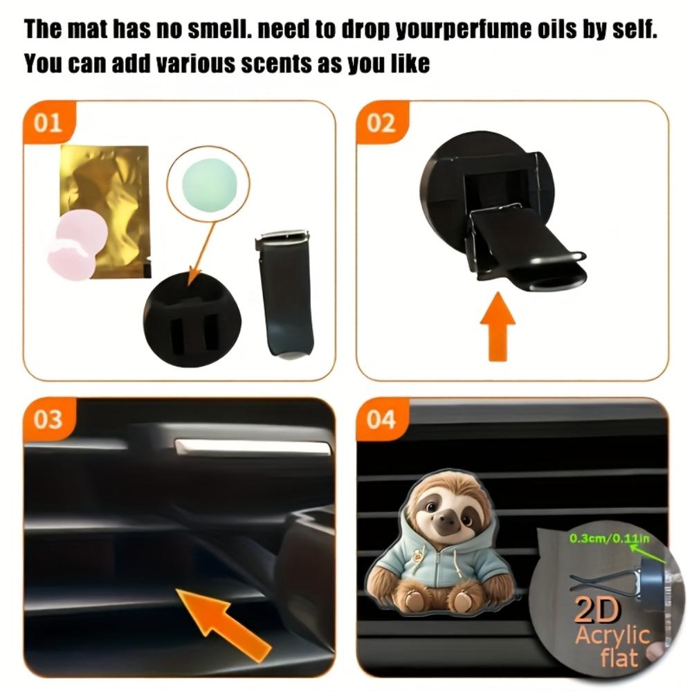 Clip decorativa per bocchetta d'aria dell'auto, bradipo 2D piatto e carino, diffusore (fragranza non inclusa), decorazione per interni auto, clip per aromaterapia, ideale per regali di festa