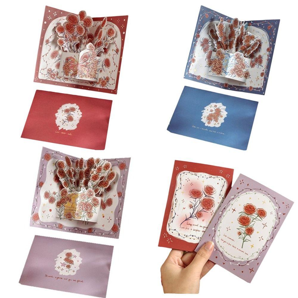 Surprised Pop Up Love 3D Greeting Card with Envelope Flower Greeting Card Rose Thank You Card Valentine's Day