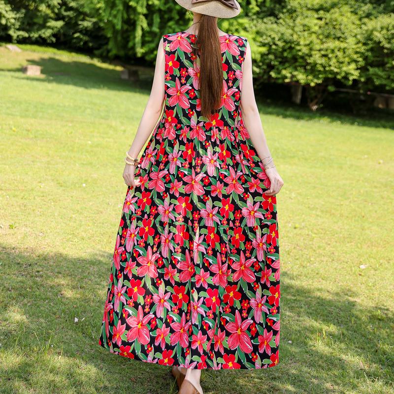 Elegant Sleeveless Dress for Women Plus Size Short Sleeve Vintage Print Long Dress Summer Casual Middle-aged Women's Clothing