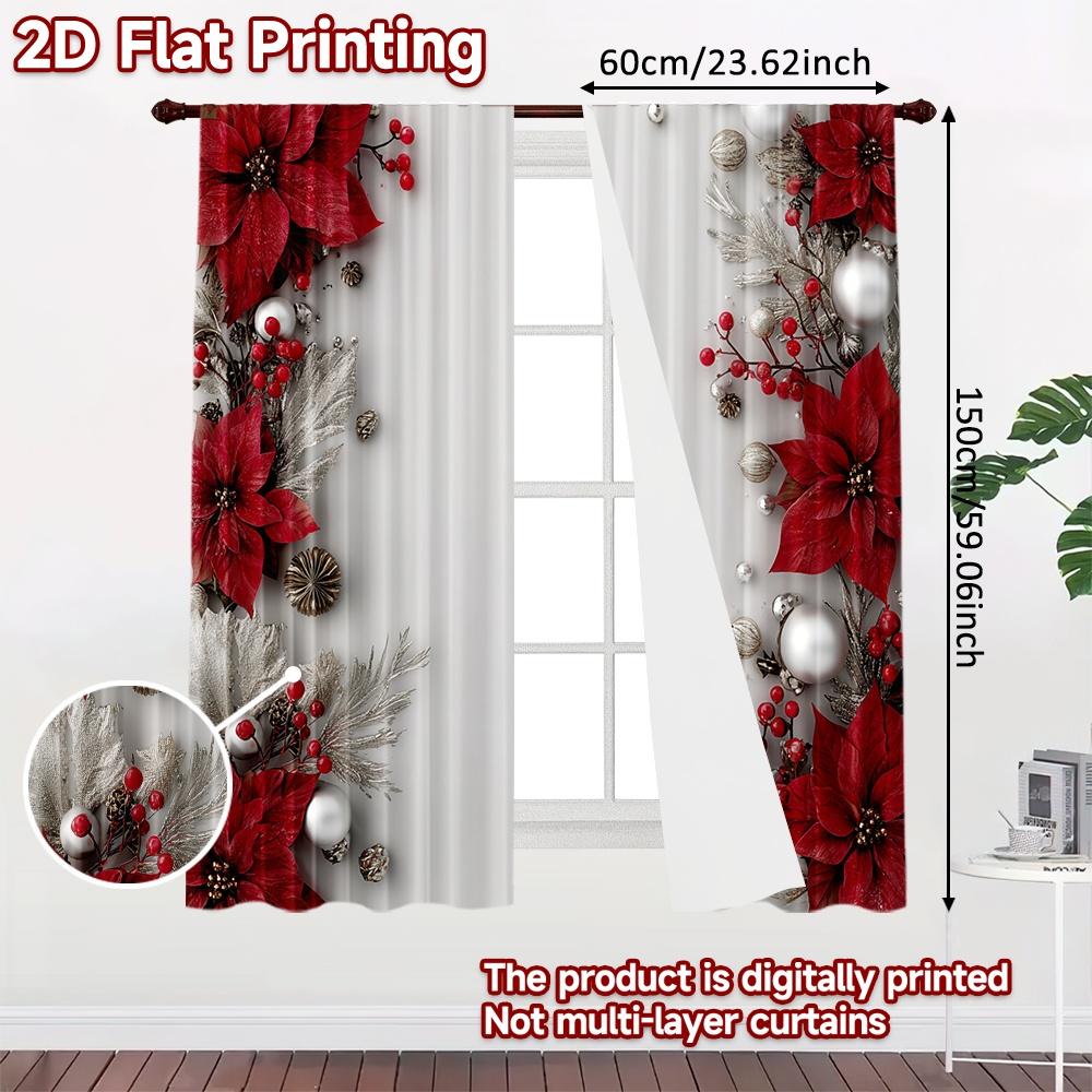 Flat Printing Curtain Christmas Poinsettia Elegance Digital Printed Polyester Drapes Festive Wall Decor Use Art Set Of 2 Made Washable