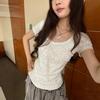 [Keren Cotton Modal] Korean floral lace lace-up short-sleeved T-shirt women's summer slim-fit pure desire top