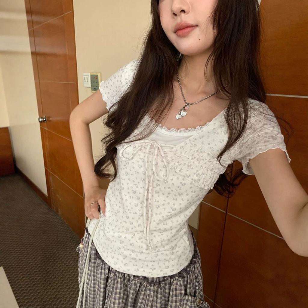 [Keren Cotton Modal] Korean floral lace lace-up short-sleeved T-shirt women's summer slim-fit pure desire top