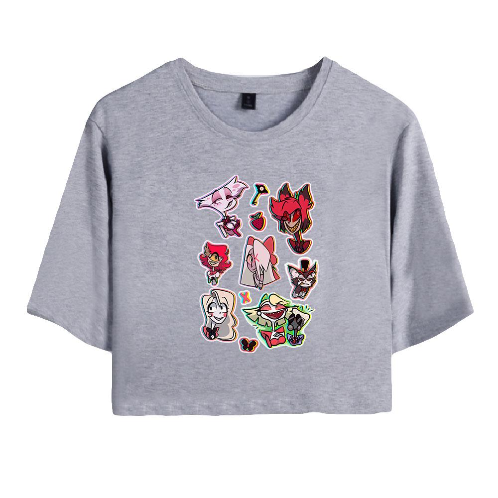 Tricou cu mânecă scurtă cu mânecă scurtă și cu gât rotund, cu imprimeu animat, elegant Hazbin Hotel, crop topuri sălbatice, casual, pentru vară