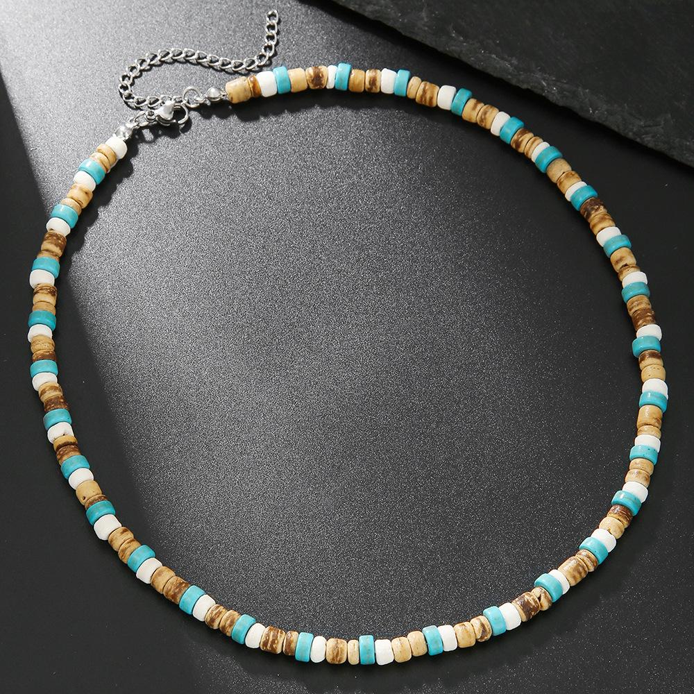 Natural Turquoise Wood Bead Splicing Men's Necklace Versatile Neutral Wind Wood Chips Coconut Shell Stainless Steel Necklace