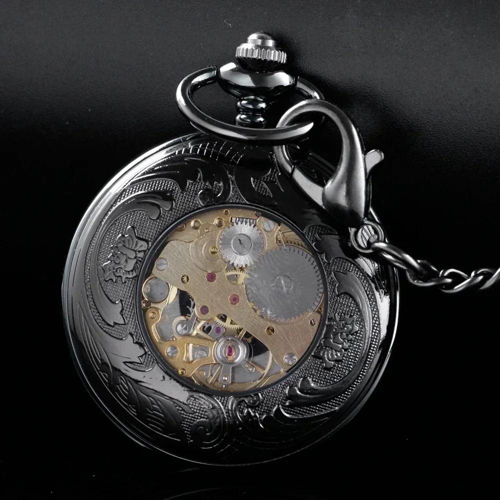 Fashion Luxury Black Flower Engraved Skeleton Steampunk Mechanical Pocket Watch Roman Dial with Chain Ideal for Men/Women