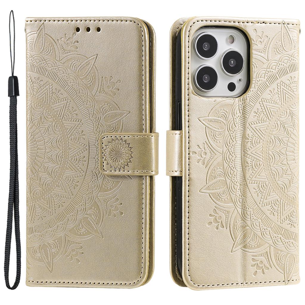 For iPhone 15 Pro Flip Phone Case PU Leather Mandala Flower Imprint Stand Wallet Cover with Strap