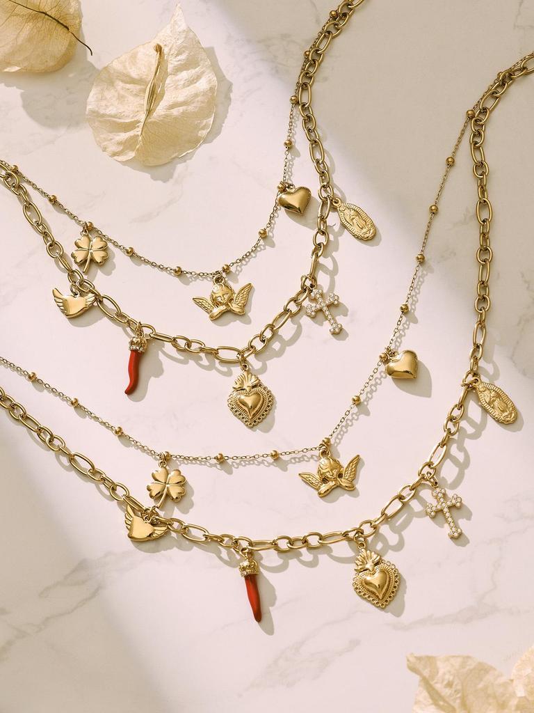 European Luxury Heart Multi-Pendant Double Layer 18K Gold-Plated Stainless Steel Necklace