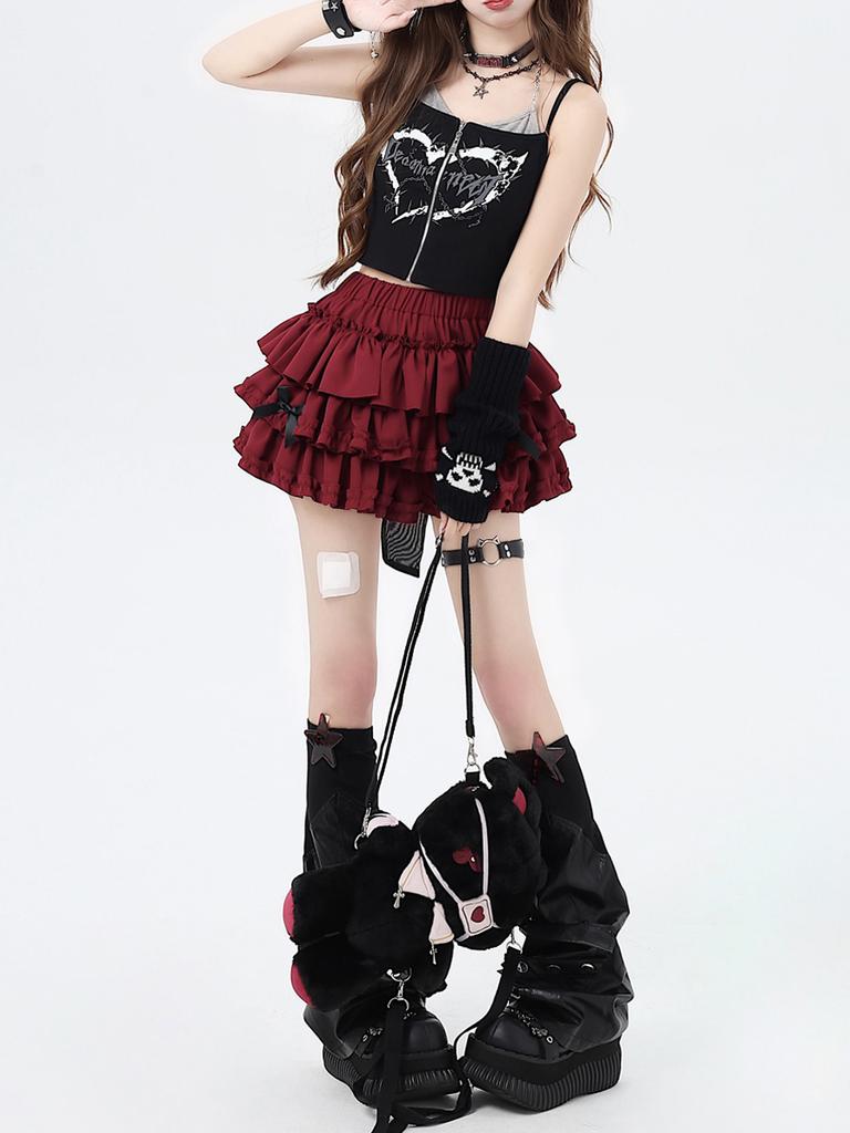 Damen Minirock mit Shorts Y2K Punk Gothic Stil Kawaii Kuchenrock Rüschen Elastischer Bund Mode Kleidung Streetwear