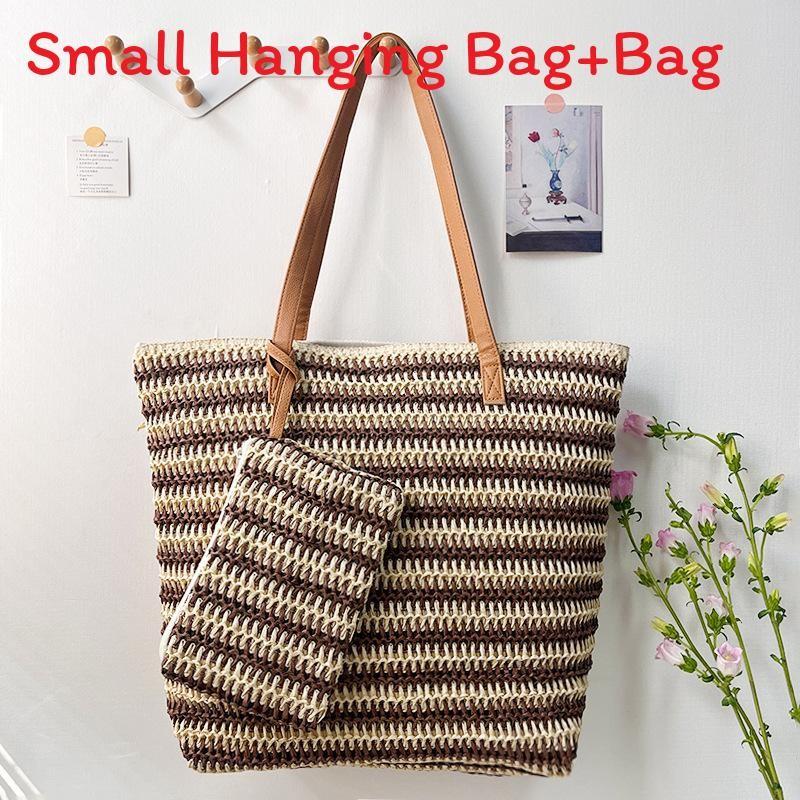 Woven Straw Tote Bag With Zipper Closure For Casual Travel And Summer Outings