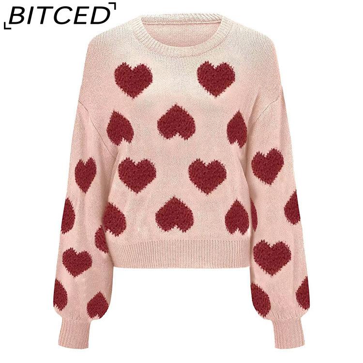 

BITCED Bubble Sleeve Valentine s Pink Sweater Loose-Fit Sweet Heart-Patterned Cable-Knit Pullover XL розовый