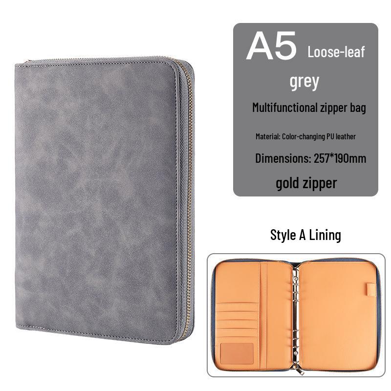 Zippered Binder Notebook - Creative Simple Business Design, Faux Leather Meeting Minutes Book, Available in A5, B5, A6 Sizes.