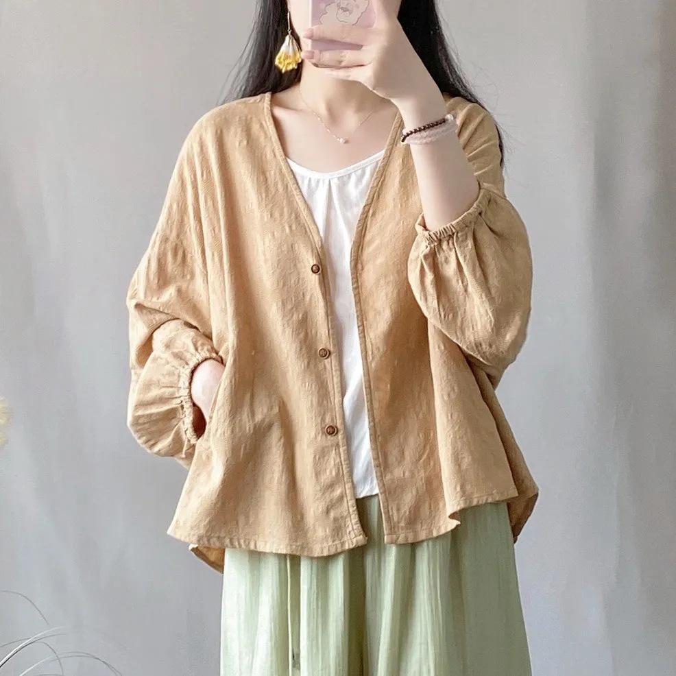 Spring/Summer Cotton Linen Jacquard Cardigan - Loose, Slim, Bat Sleeve, Sun Protection Long Sleeve Shirt