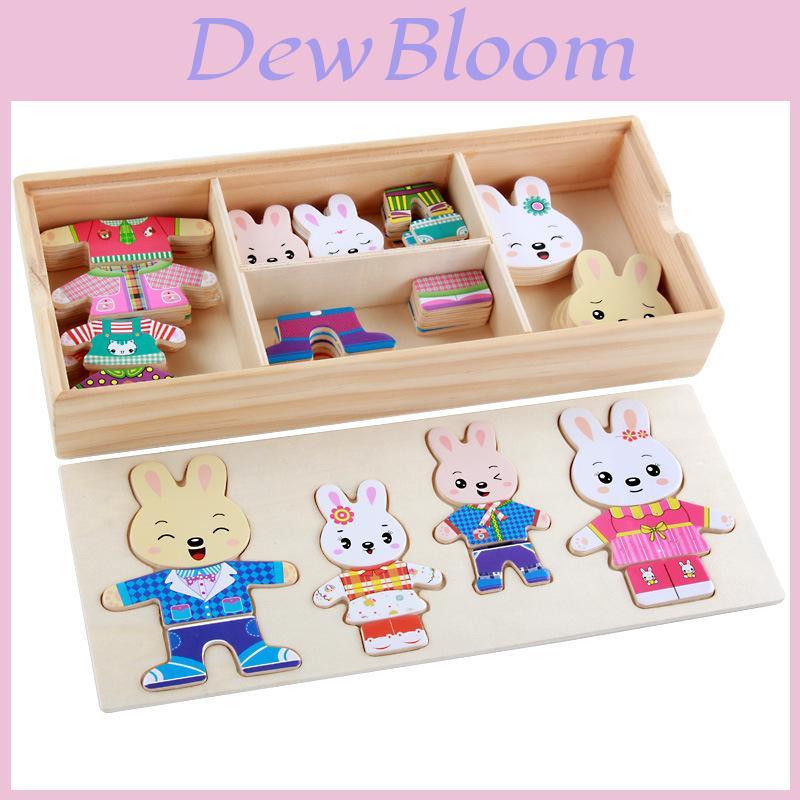 Wooden Childrens Toy With Little Rabbits Dress Up Puzzle For Learning And Play