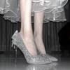 Spring and Autumn New Crystal Diamond Silver Bow High Heels Women's Fine Heels Bridesmaid Wedding Shoes Women