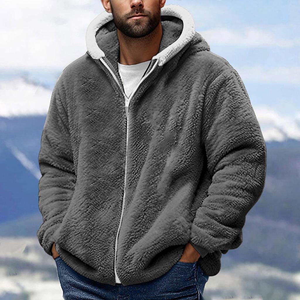 Men's Fashion Solid Color Patchwork Sweatshirt Loose Double-sided Velvet Warm Jacket Zipper Outerwear