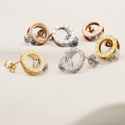 Korean Xiaoxiangfeng Titanium Steel Stud Earrings High-End Temperament Roman Numerals Clip Zircon Earrings Women