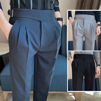 Spodnie garniturowe męskie z wysokim stanem w stylu brytyjskim, casualowe spodnie do sukienki, męskie spodnie slim fit, formalne do biura, na wesele, pantalon homme plus size