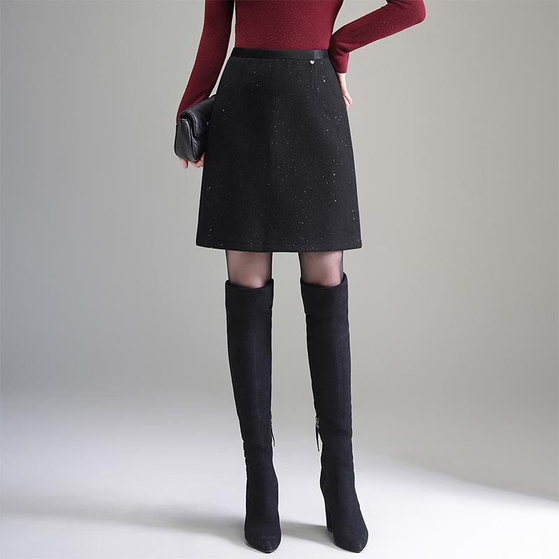 2025 Autumn/Winter High Waist Sequin Tweed A-line Skirt L чёрный