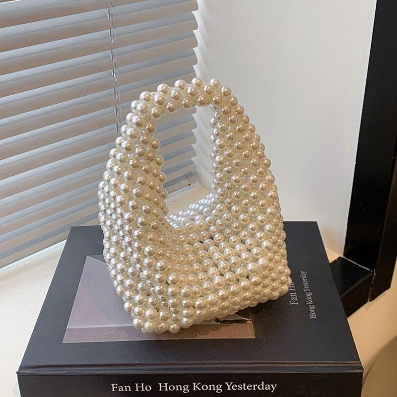 Pu Beading Woven Small Clutch Bag Pearl Embellishments Internal Parties Pocket